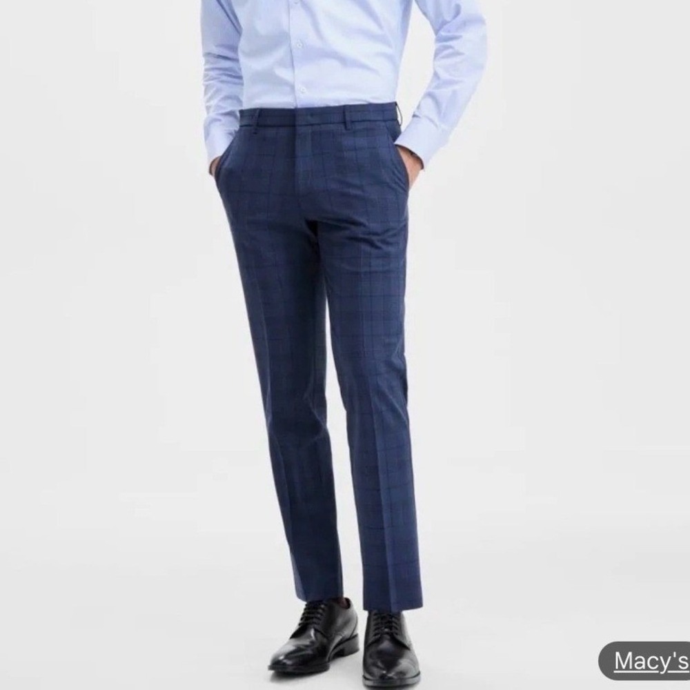 Tommy HIlfiger Mens Navy Blue Glen Plaid Dress Pants Flat Front Slacks NWOT